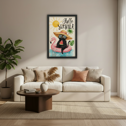 Hello Summer black cat flamingo float canvas wall art in home interior, cute seasonal framed print