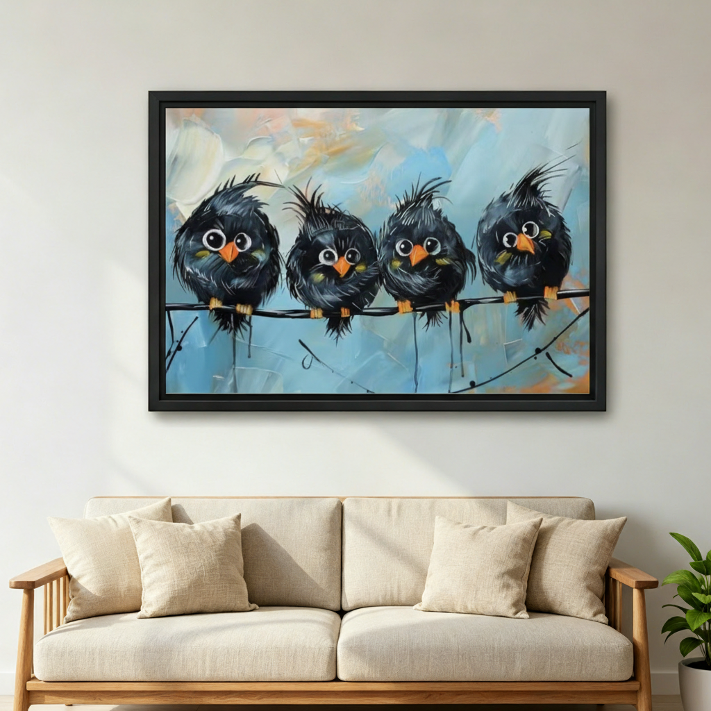Whimsical black birds on wire oil painting canvas wall art displayed in bright living room, funny bird framed print