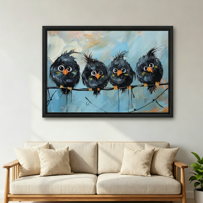 Whimsical black birds on wire oil painting canvas wall art displayed in bright living room, funny bird framed print