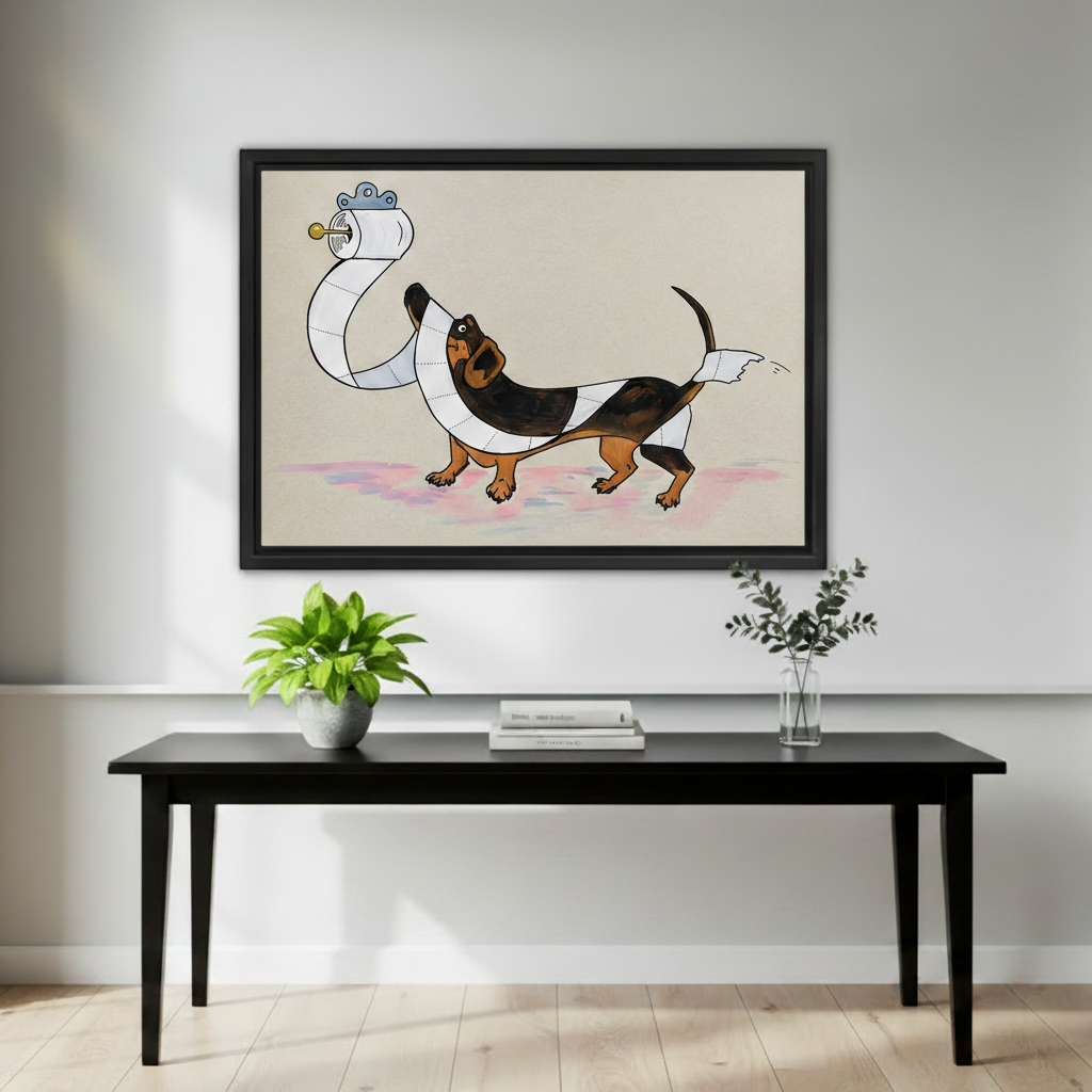 Funny dachshund toilet paper canvas wall art above console table living room decor