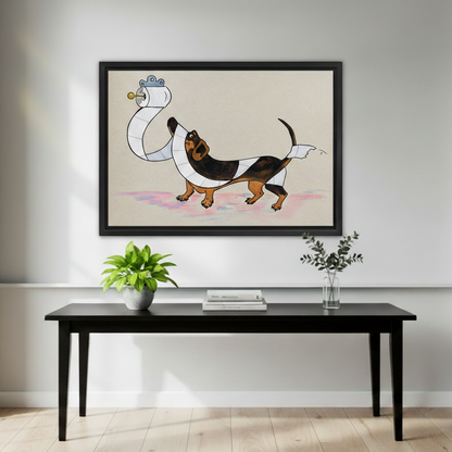 Funny dachshund toilet paper canvas wall art above console table living room decor