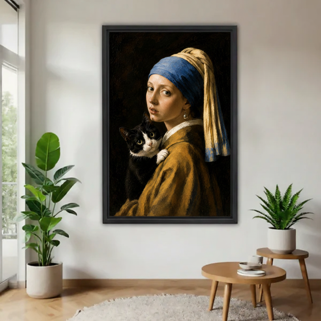 Vermeer girl with tuxedo cat framed canvas wall art hanging in minimalist living room