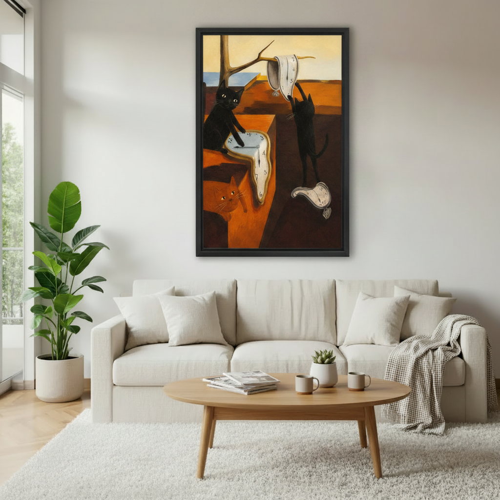 Cats melting clocks surrealist oil painting framed print above linen bed – Dali-inspired cat wall art, modern bedroom decor