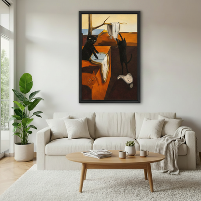 Cats melting clocks surrealist oil painting framed print above linen bed – Dali-inspired cat wall art, modern bedroom decor