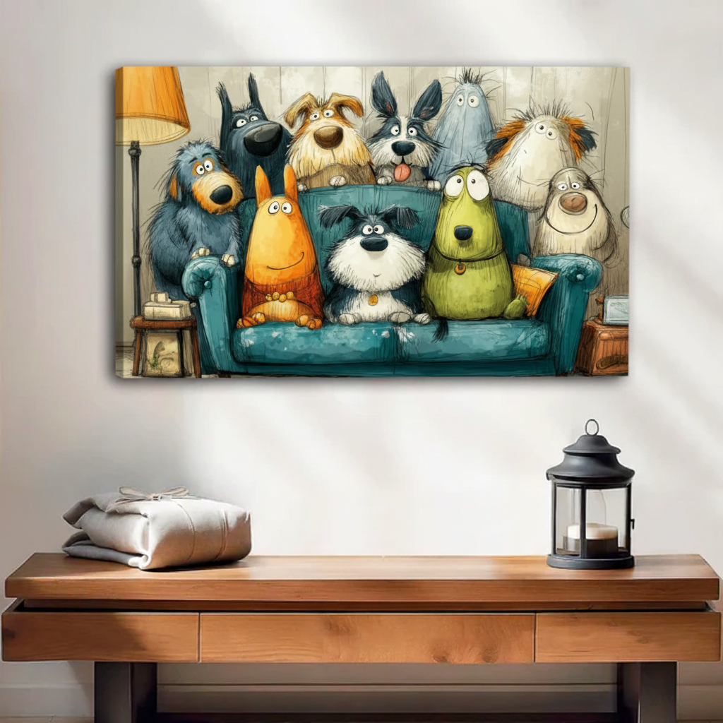 Gallery wrap canvas print of humorous cartoon dogs crowded on a couch, living room wall art for dog lovers