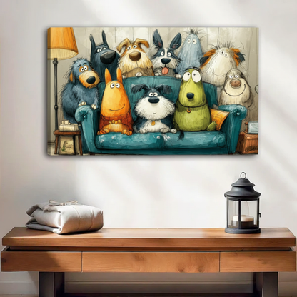 Gallery wrap canvas print of humorous cartoon dogs crowded on a couch, living room wall art for dog lovers