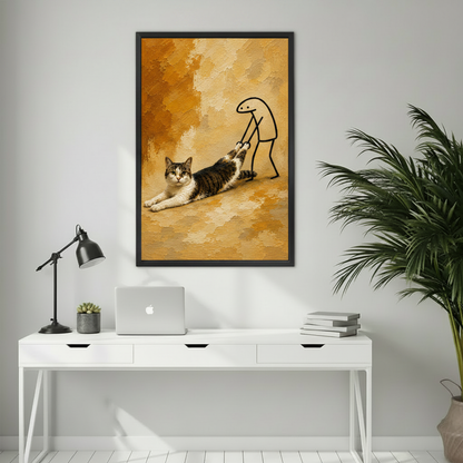 Funny cat painting wall art – humorous oil painting print of a cat resisting movement, modern home decor, available in multiple sizes