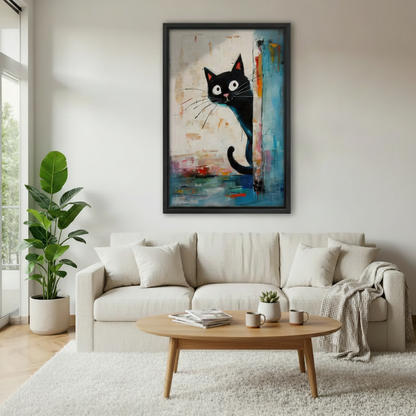 Peeking black cat abstract canvas print displayed in cozy bedroom — playful cat wall art for bedroom decor