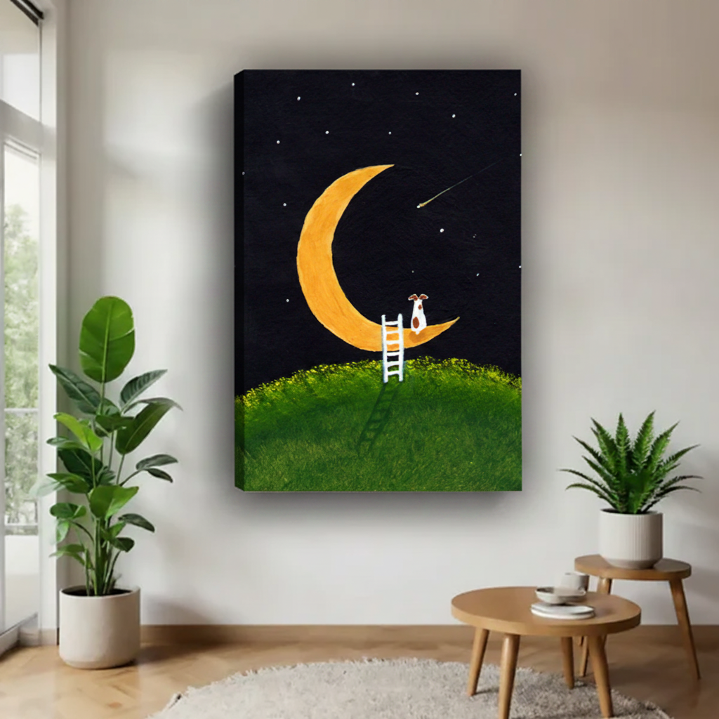 Dog on the moon canvas art print — dreamy night sky wall decor for living room or nursery