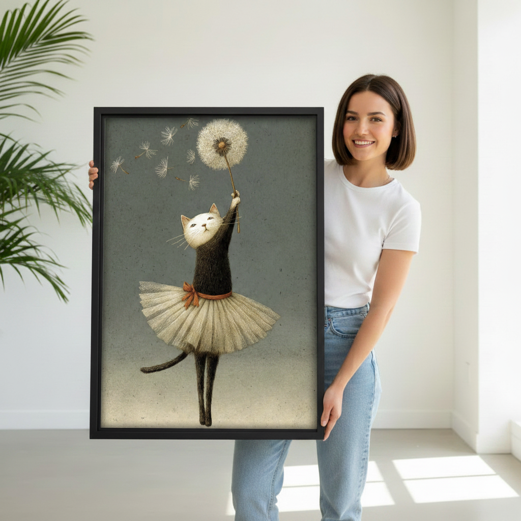 Woman holding ballerina cat dandelion canvas wall art, whimsical black cat in tutu framed print gift for cat lovers