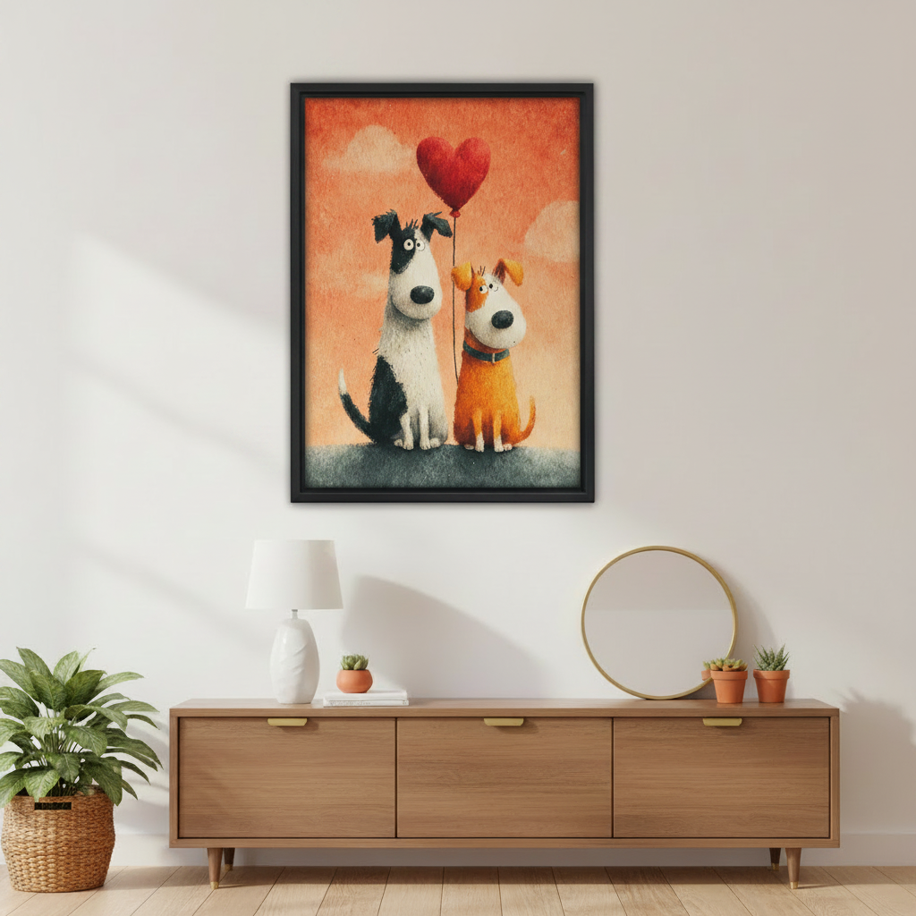 Whimsical Dog Duo Heart Balloon Canvas Wall Art - Cute Dog Couple Art Print for Living Room