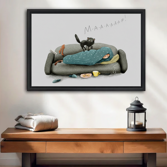 Funny cat waking owner canvas wall art in black floater frame — humorous cat disrupting sleep print for living room