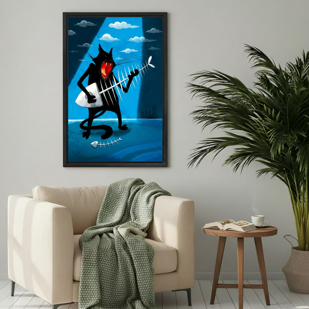 Bold blue black cat rock star canvas wall art, quirky music themed home decor for cat lovers