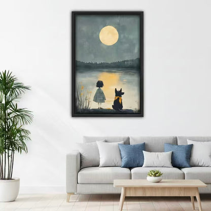 Moonlit lake painting framed canvas art in children's bedroom