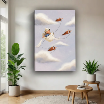 Fantasy boy paper boat birds gallery wrap canvas print — whimsical cloud adventure illustration, frameless dreamy nursery wall art