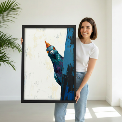 Woman pointing at party hat pigeon peeking canvas wall art – black frame impasto oil painting in hallway