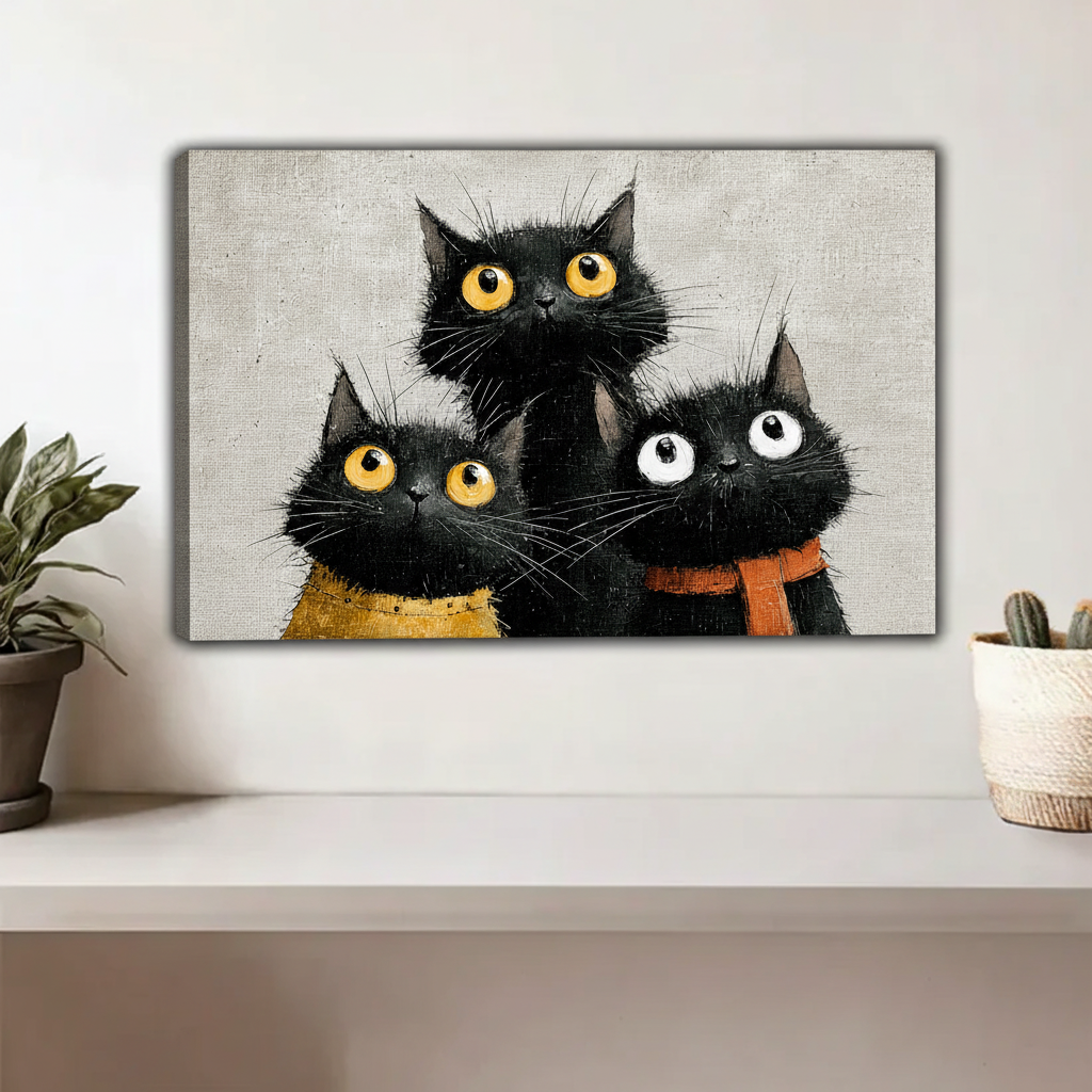 Whimsical black cat trio canvas print, bold expressive eyes, home wall decor
