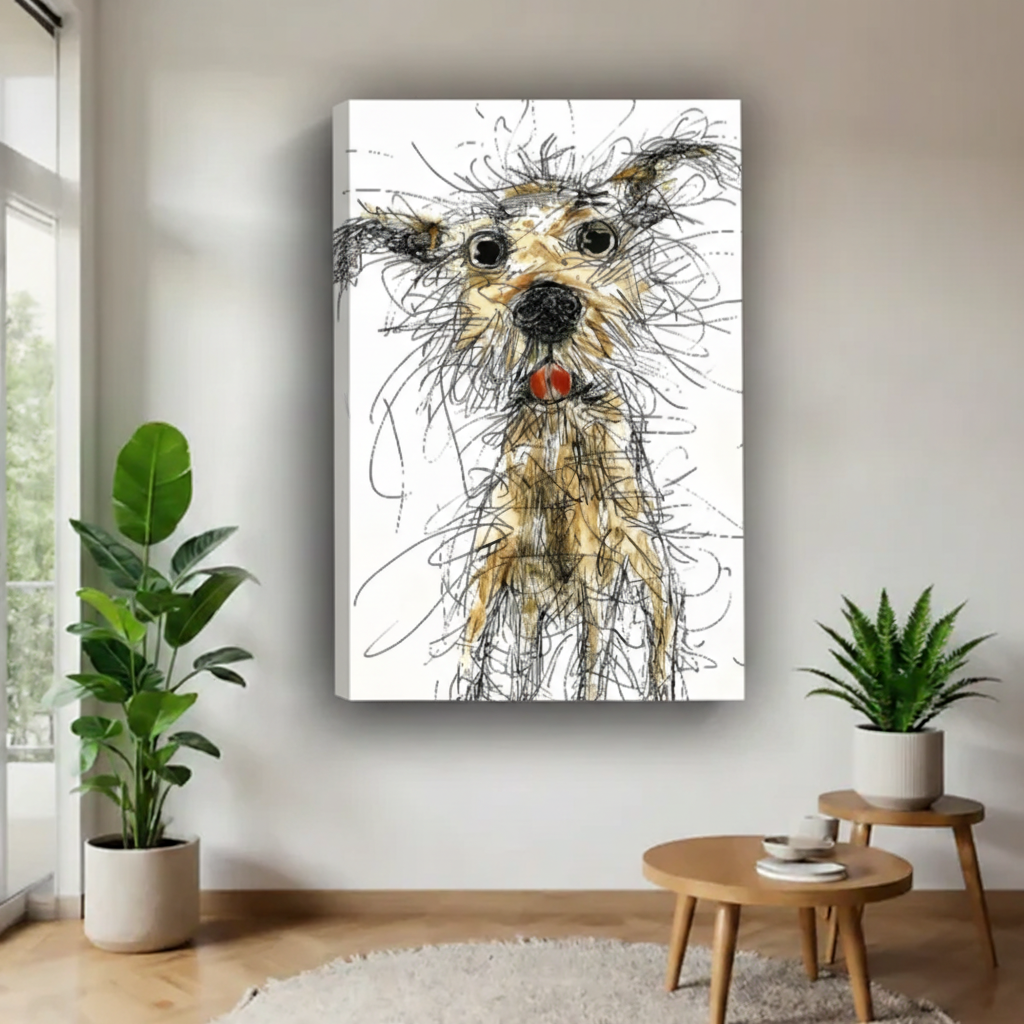 Gallery wrap canvas of expressive scruffy dog ink portrait on minimalist white wall