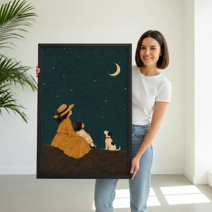 Folk Art Woman Child and Dog Under Moon Canvas Wall Art | Framed & Unframed l4933