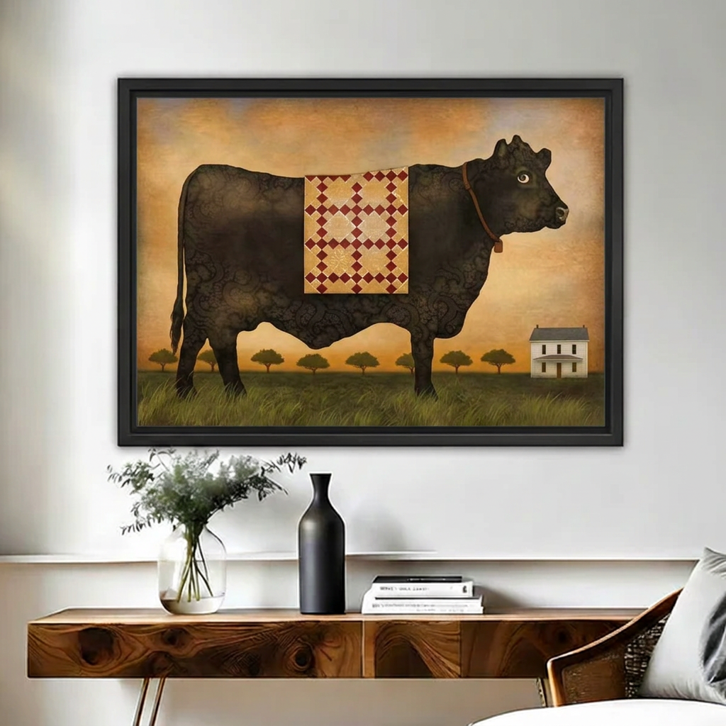 Rustic Folk Art Black Cow Canvas Wall Art | Framed & Unframed l4989