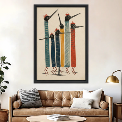 Bold folk art bird wall art print, five colorful abstract birds in teal red and gold, black frame