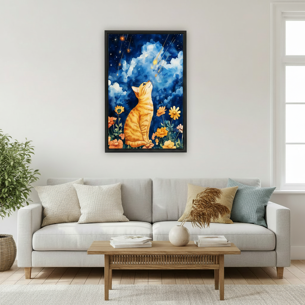 Dreamy cat looking up at stars canvas print, watercolor home decor wall art