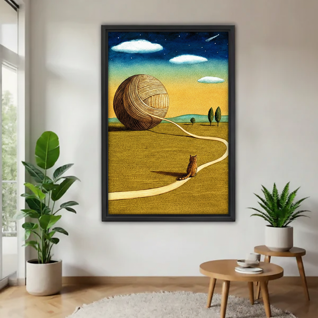 Cat chasing giant yarn ball surreal landscape framed canvas wall art – black frame, golden wheat field under starry night sky, hung in bright Scandinavian living room with cream sofa and tropical plant