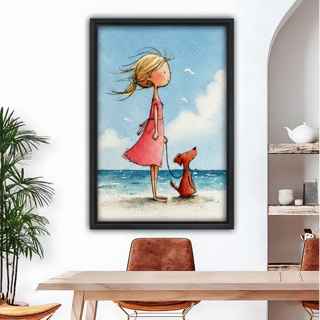 Whimsical girl and red dog beach watercolor framed wall art print hanging above dining table, charming coastal illustration