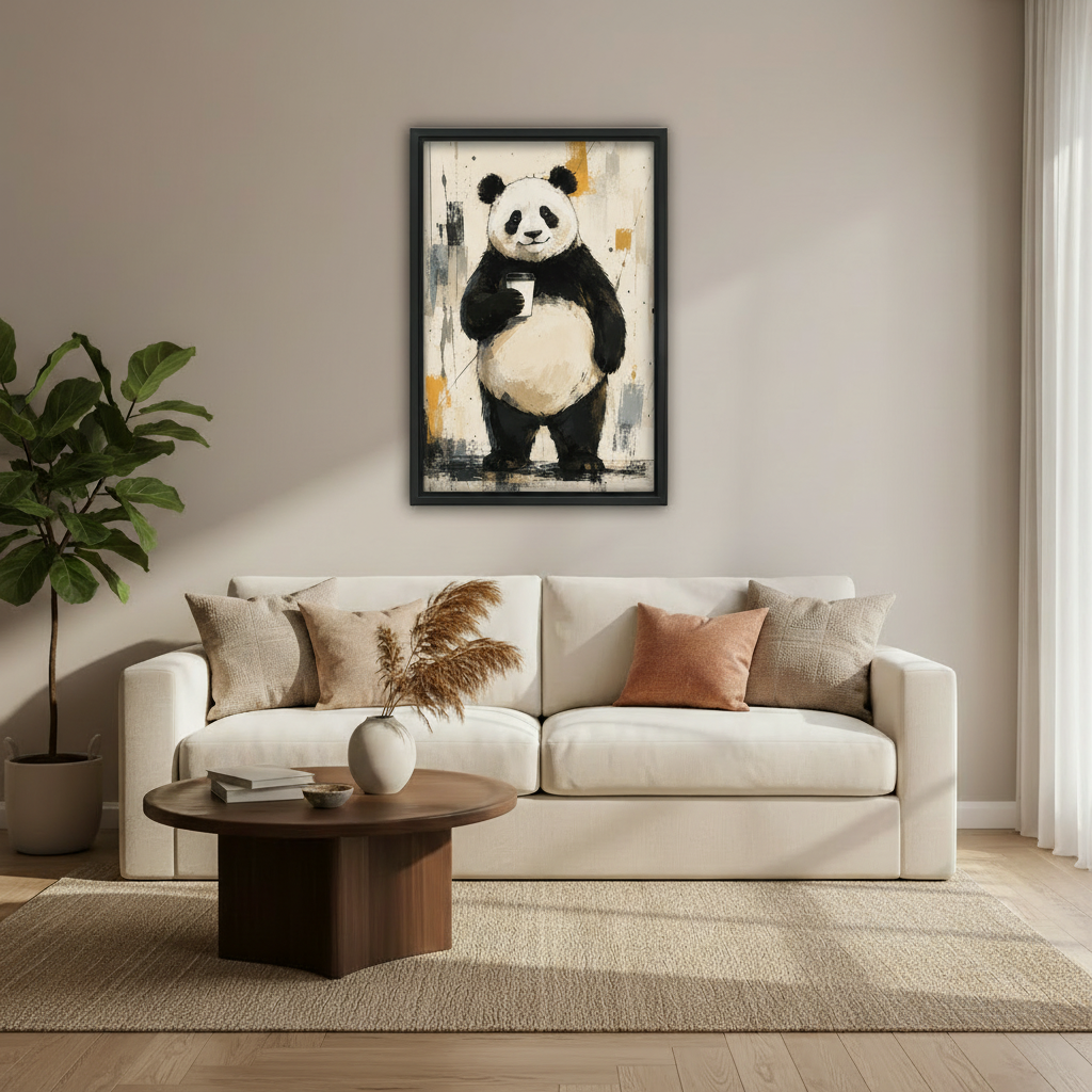 Panda wall art displayed in dining room with rattan chairs – unique animal canvas print