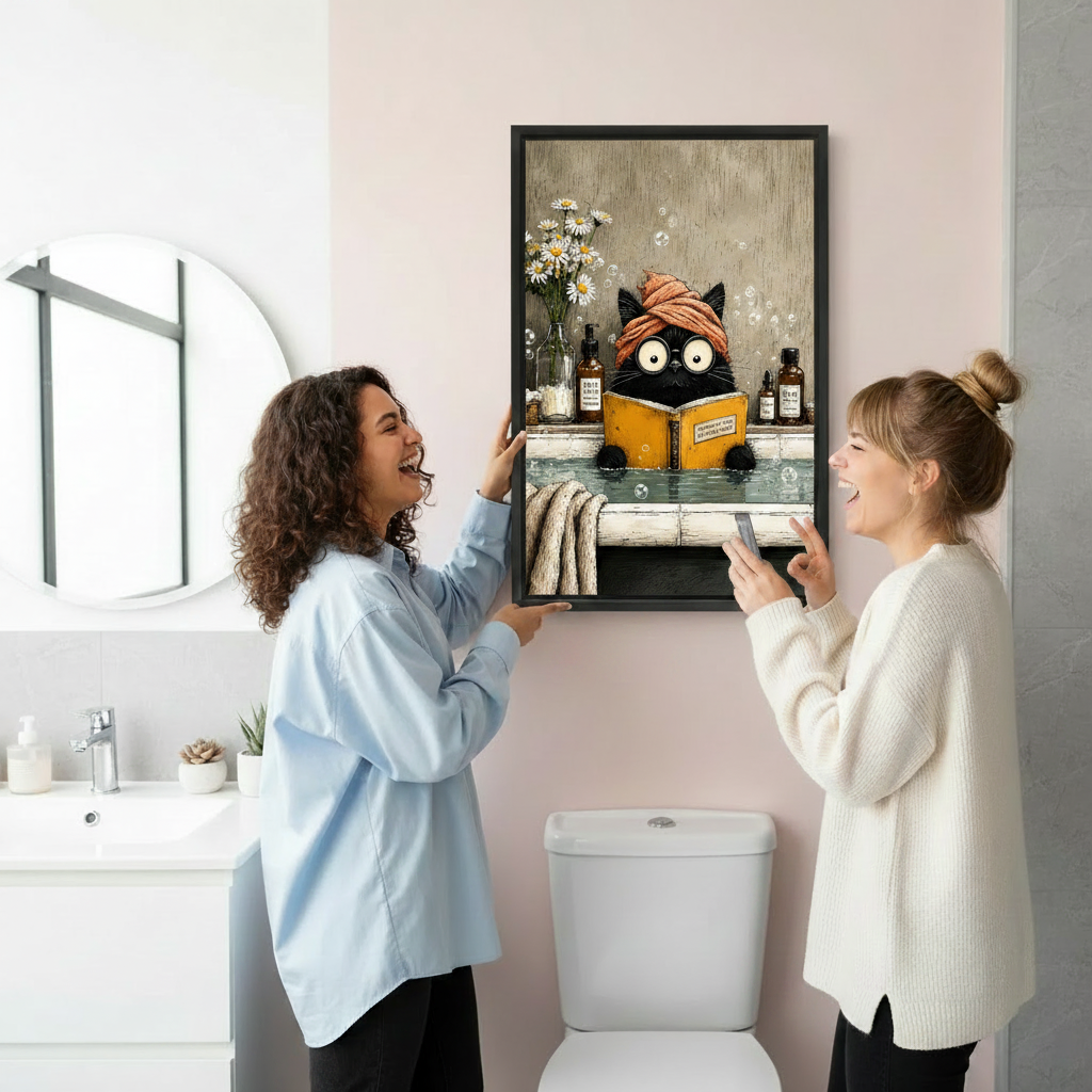 Funny black cat bathtub reading art print in pink bathroom lifestyle scene, perfect cat lover gift