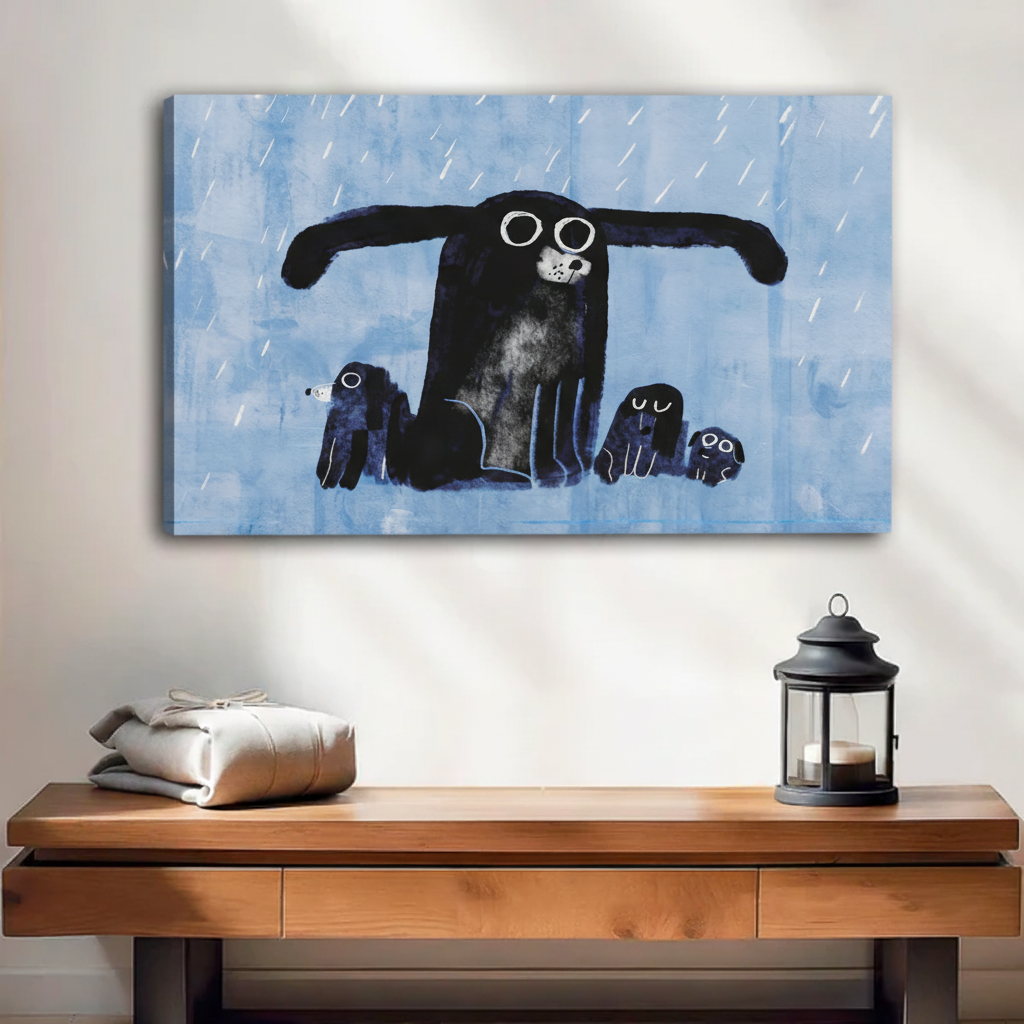 Mother dog protecting puppies in rain canvas art gallery wrap — touching dog family wall decor for pet lovers