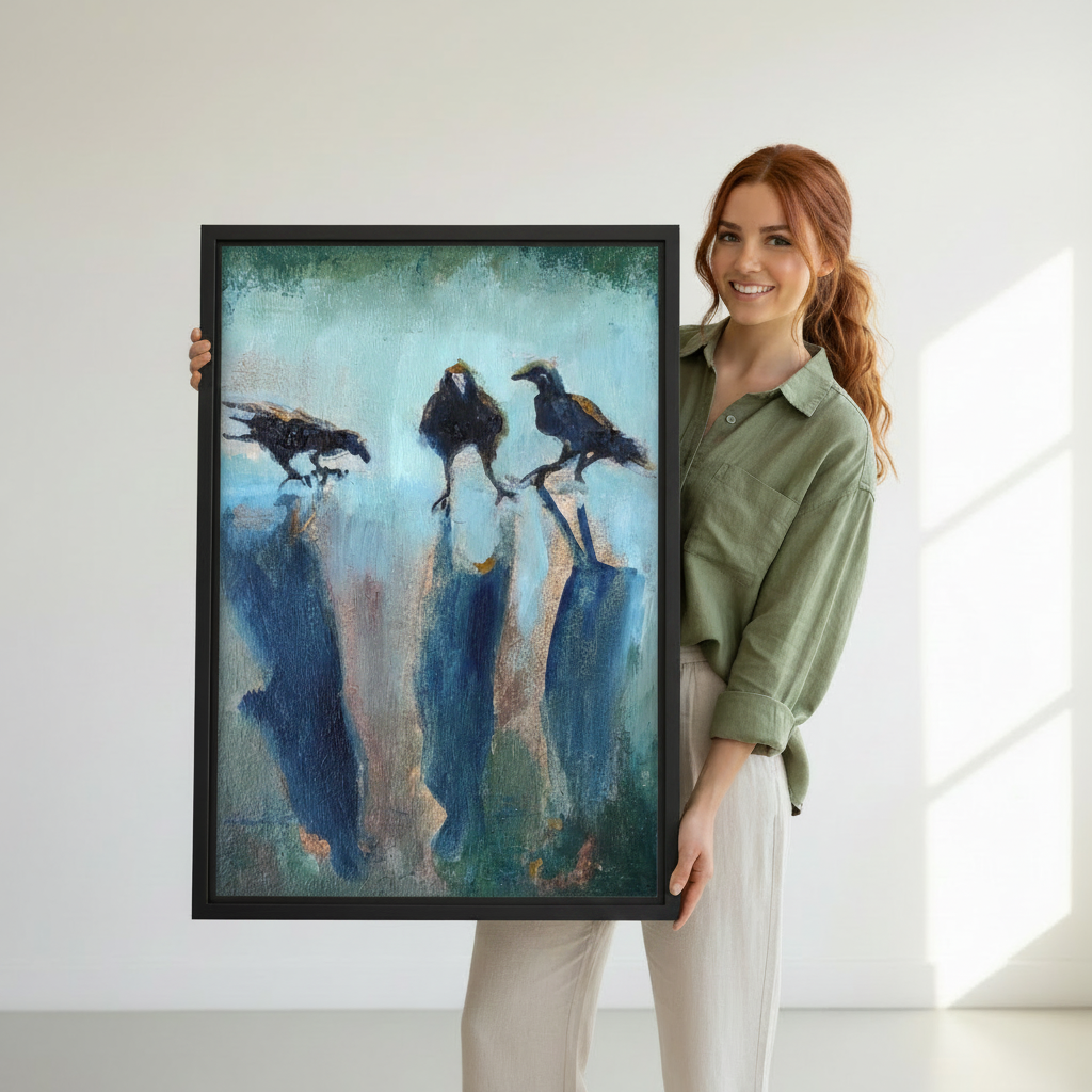 Woman holding three ravens teal oil painting canvas wall art — dark moody bird art print, hand-held product display