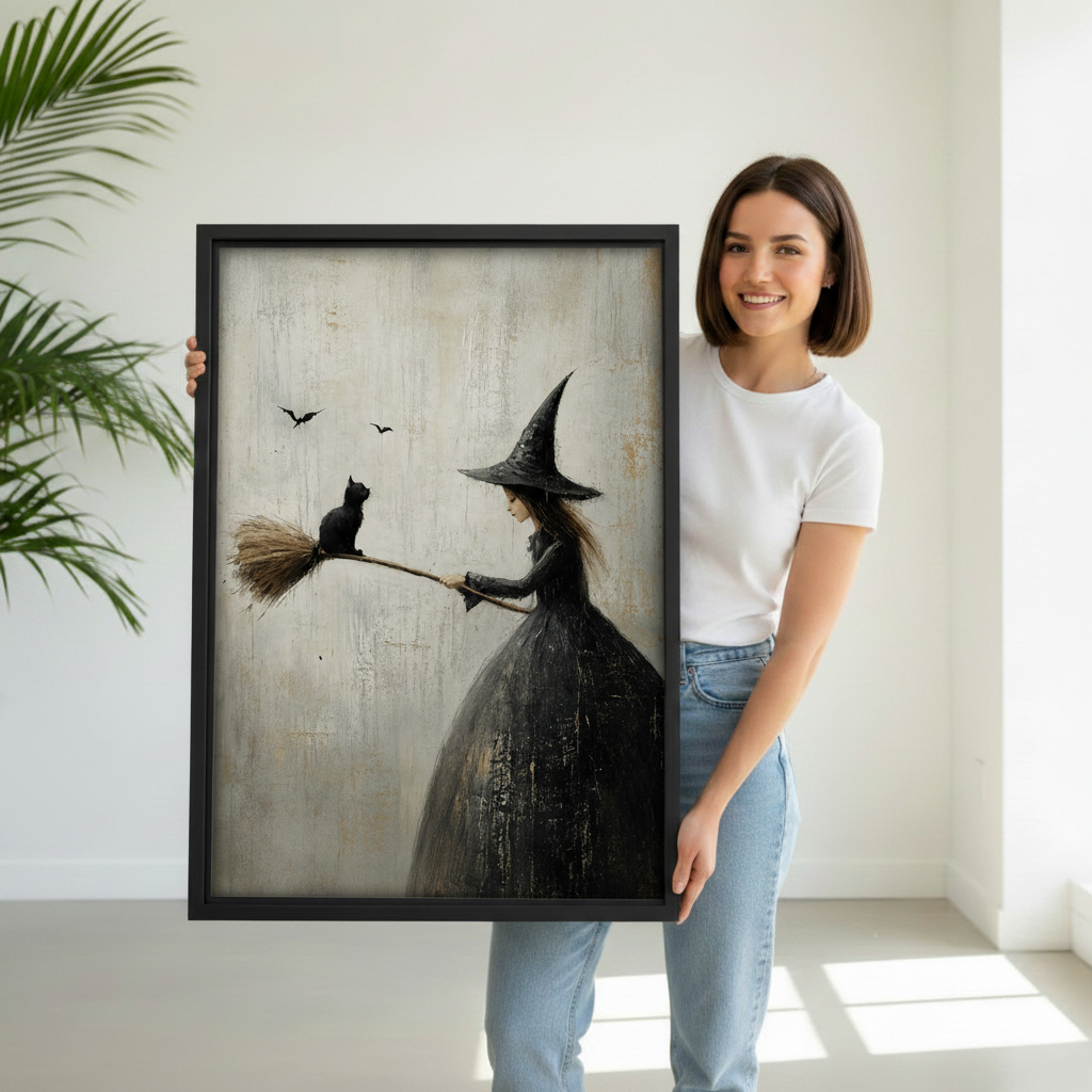 Vintage Witch Black Cat Canvas Wall Art Print Decor l2989
