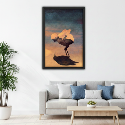Surreal man and bird shadow oil painting canvas wall art above sofa in modern eclectic living room