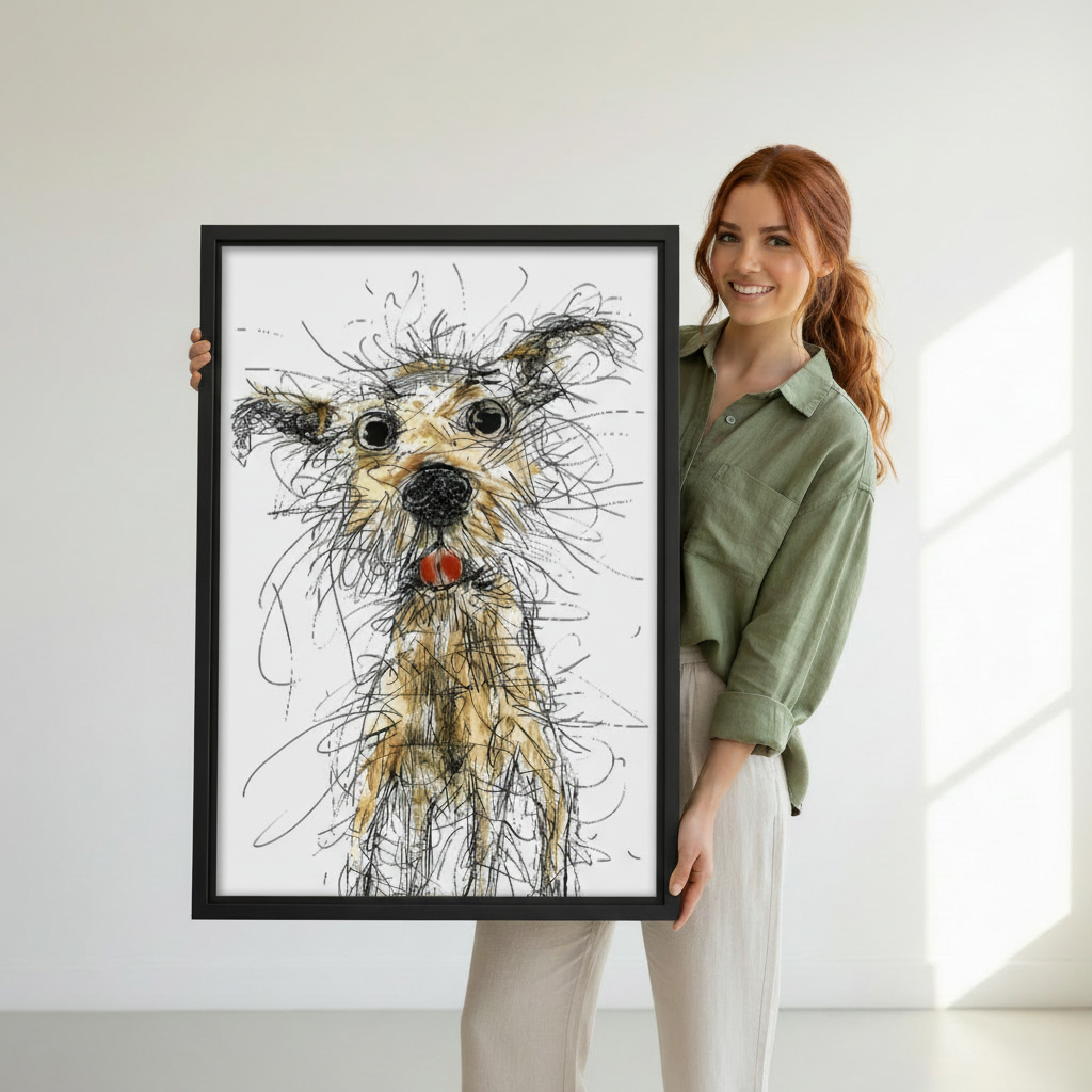 Black framed expressive dog portrait canvas art held against white background