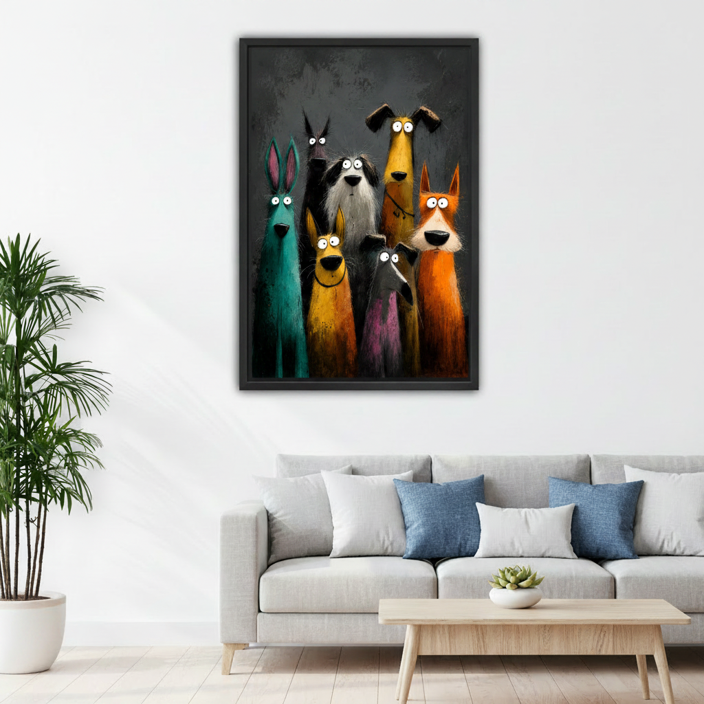 Funny framed canvas art print featuring quirky cartoon animals dark background