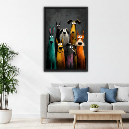 Funny framed canvas art print featuring quirky cartoon animals dark background