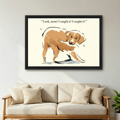Funny dog chasing tail canvas wall art close-up — witty sketch illustration ideal for entryway or living room display