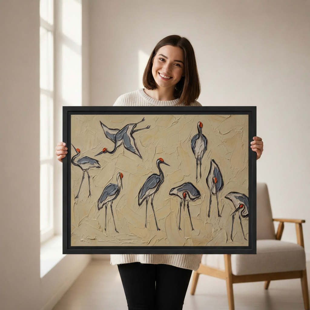 Woman holding large textured red-crowned crane canvas print, palette knife bird wall art, elegant Asian inspired home decor gift