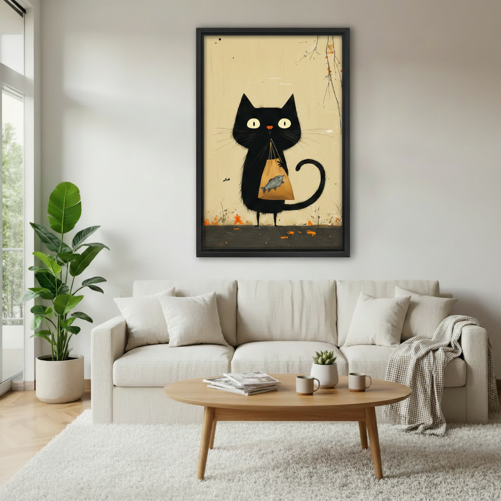 Vintage black cat folk art framed wall art above beige sofa in modern living room