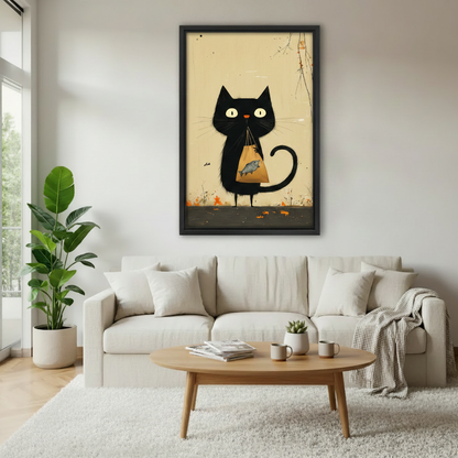 Vintage black cat folk art framed wall art above beige sofa in modern living room