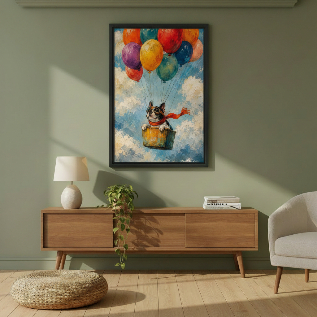 Whimsical dog balloon art print — French Bulldog with red scarf and aviator goggles, oil-style illustration for modern home decor