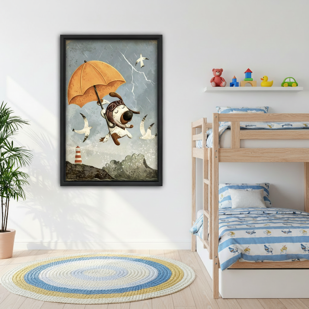 Whimsical dog umbrella framed wall art displayed above living room sofa, vintage adventure print for modern home decor