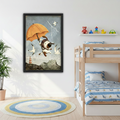 Whimsical dog umbrella framed wall art displayed above living room sofa, vintage adventure print for modern home decor