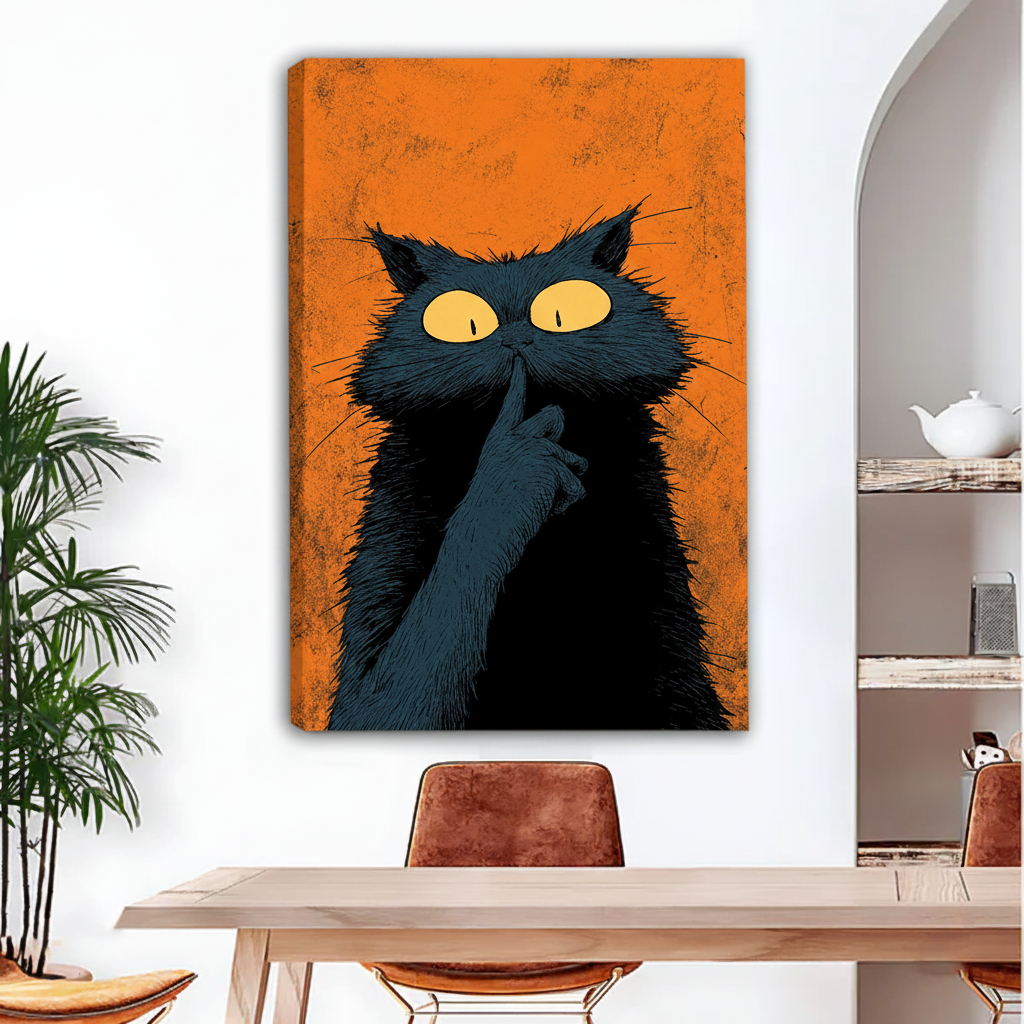 Quirky black cat shushing canvas wall art, frameless gallery wrap, bold pop art cat illustration on burnt orange background, hung in a bright dining room with indoor plants