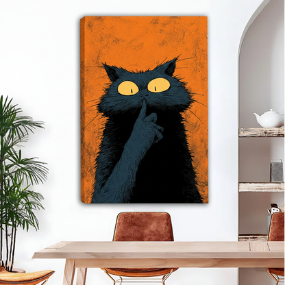 Quirky black cat shushing canvas wall art, frameless gallery wrap, bold pop art cat illustration on burnt orange background, hung in a bright dining room with indoor plants