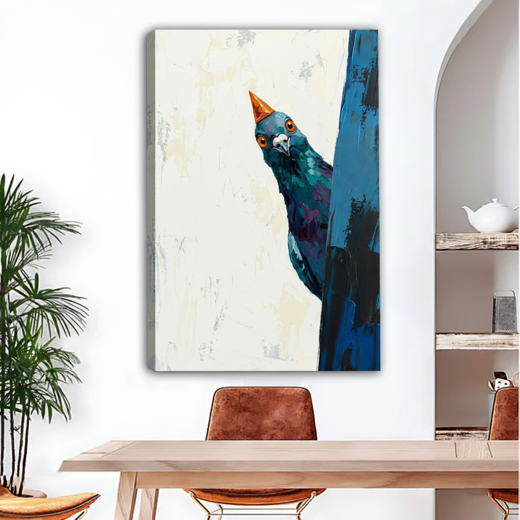 Curious pigeon party hat gallery wrap canvas – frameless impasto oil painting wall art in boho dining room