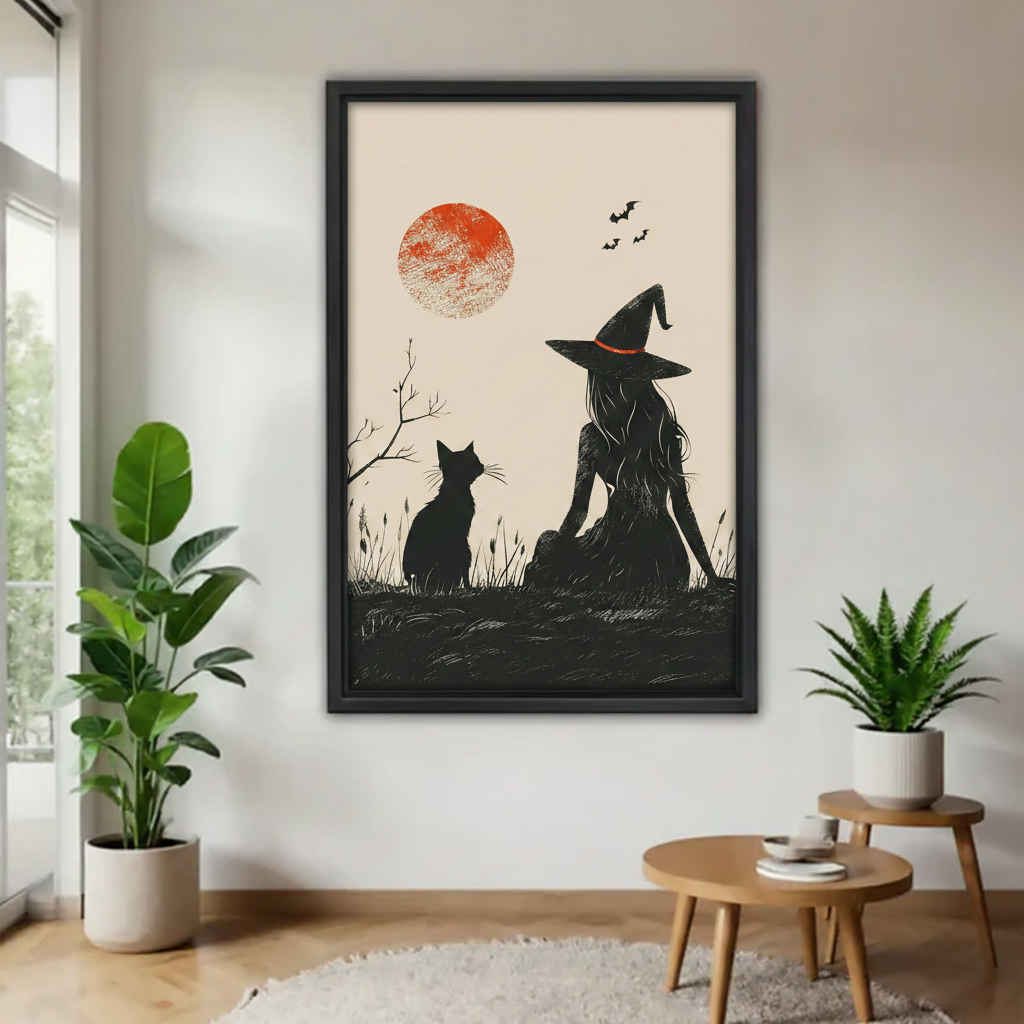 Halloween witch and black cat silhouette canvas wall art in black frame — red moon and bats, moody gothic wall decor for living room