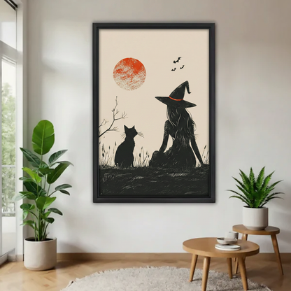 Halloween witch and black cat silhouette canvas wall art in black frame — red moon and bats, moody gothic wall decor for living room