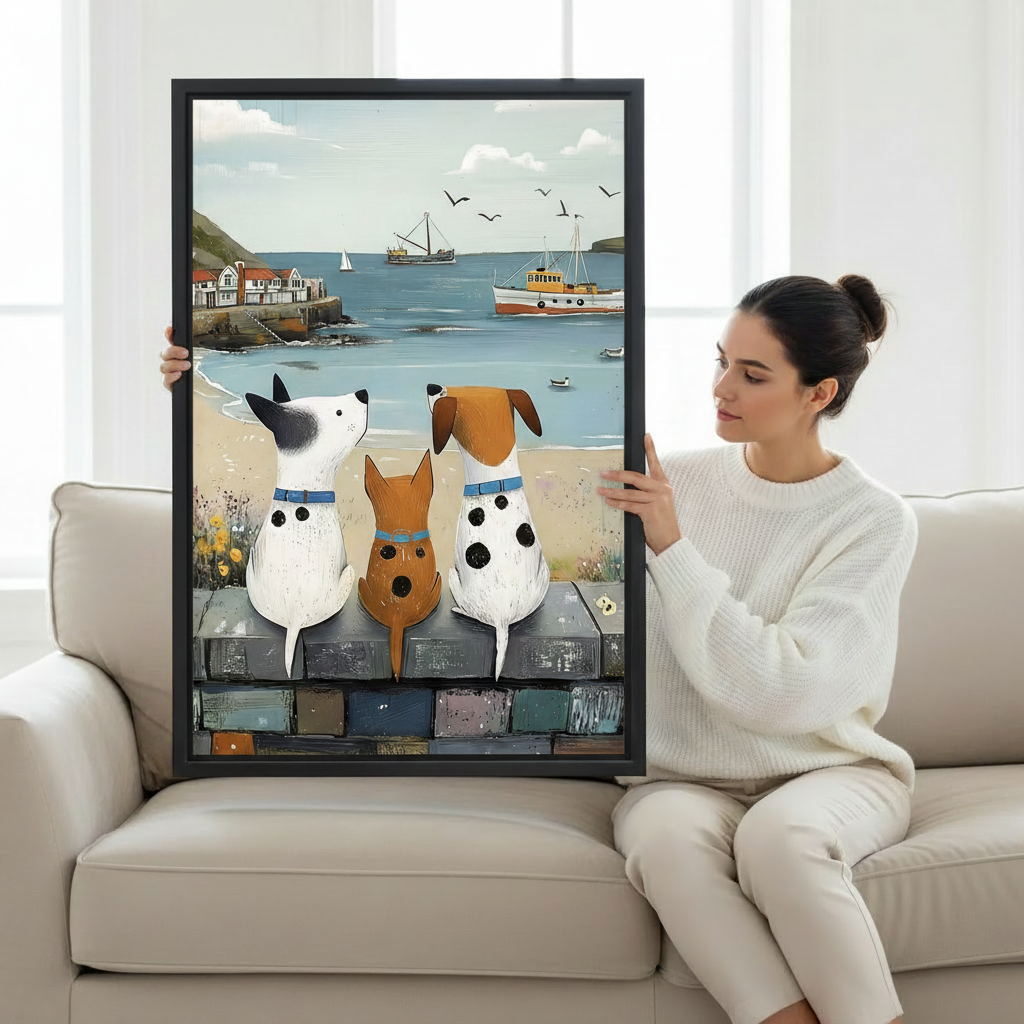 Woman holding dogs by the sea folk art framed wall art print, coastal dog lover illustration